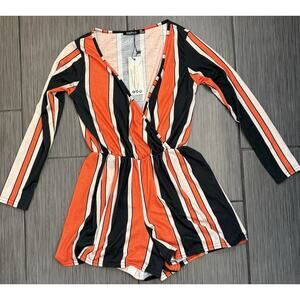 Boohoo Women’s Faux Wrap Orange/Black One Piece Romper Size 4 NWT